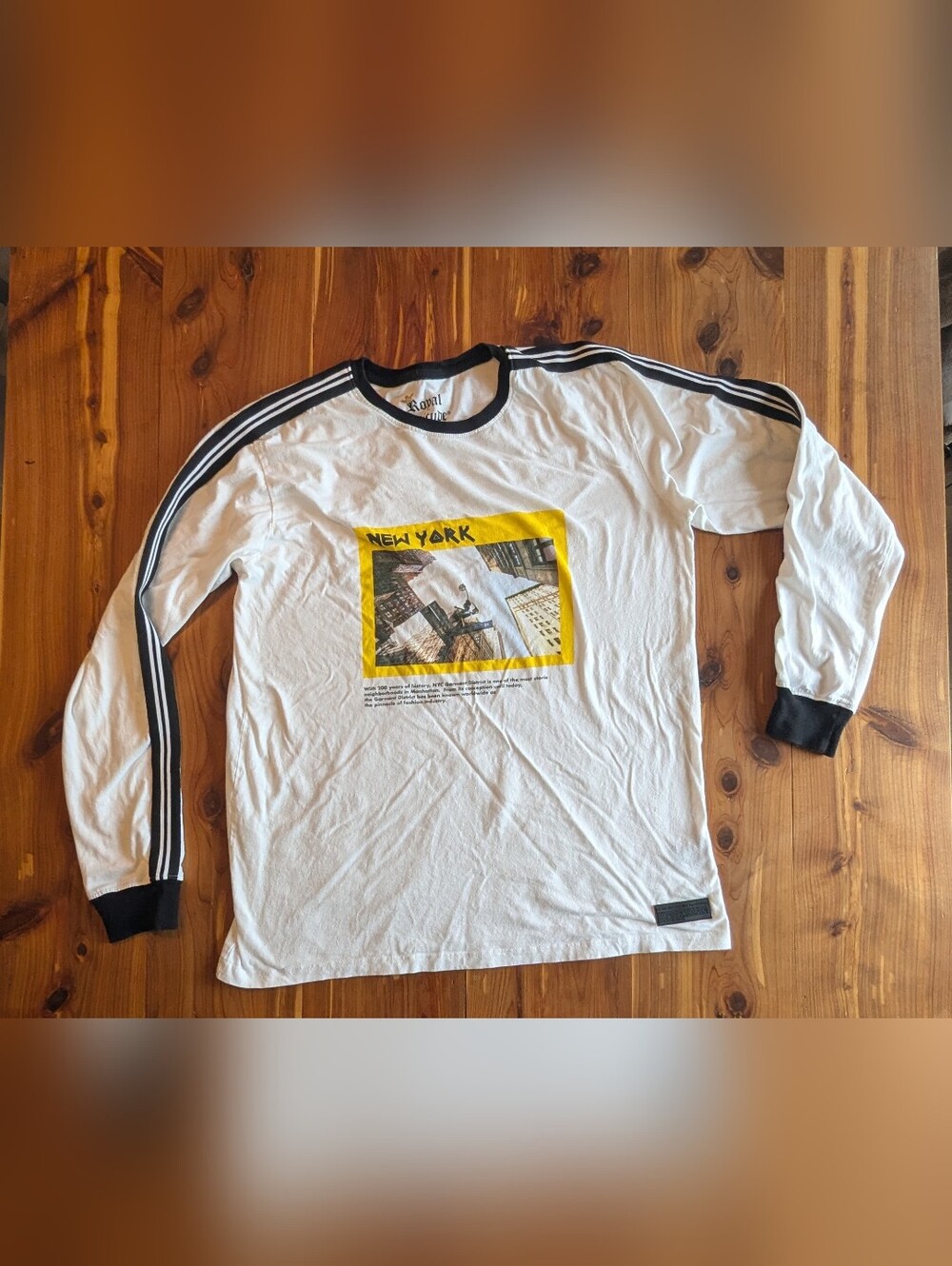 White Long Sleeve Graphic Tee with Black Trim and Yellow NYC Photo Accent